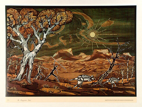 Artist: b'Mansell, Byram.' | Title: b'The kangaroo hunt' | Date: c.1946 | Technique: b'photographic lithograph, printed in colour, from process plates' Artist: b'Mansell, Byram.' | Title: b'The kangaroo hunt' | Date: c.1946 | Technique: b'photographic lithograph, printed in colour, from process plates'