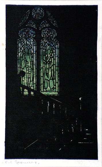 Artist: b'Spowers, Ethel.' | Title: b'The Staircase window' | Date: c.1925 | Technique: b'woodcut, printed in black ink, from one block' Artist: b'Spowers, Ethel.' | Title: b'The Staircase window' | Date: c.1925 | Technique: b'woodcut, printed in black ink, from one block'