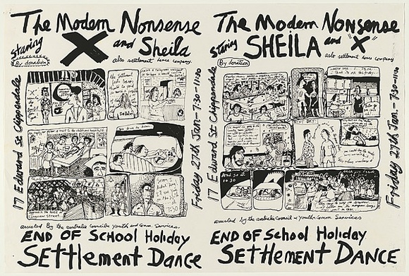 Artist: b'WORSTEAD, Paul' | Title: b'The Modern Nonsense and Sheila' | Date: 1978 | Technique: b'screenprint, printed in black ink, from one stencil' | Copyright: b'This work appears on screen courtesy of the artist' Artist: b'WORSTEAD, Paul' | Title: b'The Modern Nonsense and Sheila' | Date: 1978 | Technique: b'screenprint, printed in black ink, from one stencil' | Copyright: b'This work appears on screen courtesy of the artist'