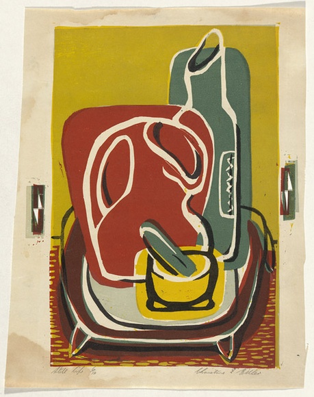 Artist: b'Aldor, Christine.' | Title: b'Still life.' | Date: c.1953 | Technique: b'linocut, printed in colour, from multiple blocks' Artist: b'Aldor, Christine.' | Title: b'Still life.' | Date: c.1953 | Technique: b'linocut, printed in colour, from multiple blocks'