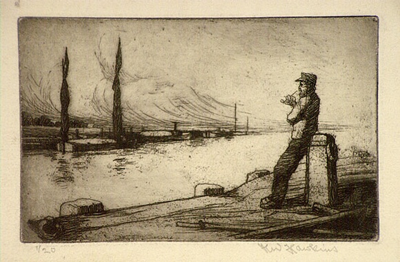 Artist: b'Hawkins, Weaver.' | Title: b'The River' | Date: c.1920 | Technique: b'etching, printed in black ink, from one plate' | Copyright: b'The Estate of H.F Weaver Hawkins' Artist: b'Hawkins, Weaver.' | Title: b'The River' | Date: c.1920 | Technique: b'etching, printed in black ink, from one plate' | Copyright: b'The Estate of H.F Weaver Hawkins'