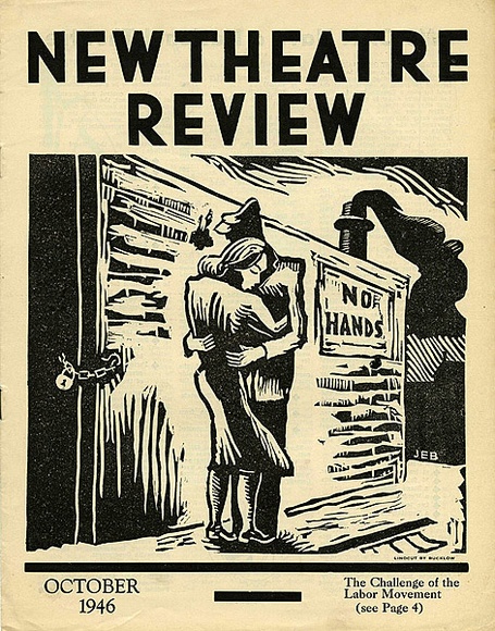 Title: b'New theatre review: October 1946' | Date: September 1946 | Technique: b'linocut, printed in black ink, from one block; letterpress text' Title: b'New theatre review: October 1946' | Date: September 1946 | Technique: b'linocut, printed in black ink, from one block; letterpress text'