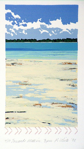 Artist: b'White, Robin.' | Title: b'Towards Makin 3 pm' | Date: 1988 | Technique: b'screenprint, printed in colour, from multiple stencils' Artist: b'White, Robin.' | Title: b'Towards Makin 3 pm' | Date: 1988 | Technique: b'screenprint, printed in colour, from multiple stencils'