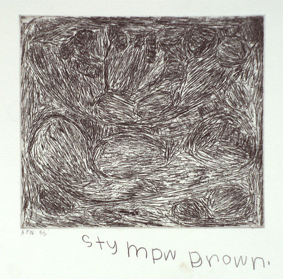Artist: b'Nyuju Brown, Stumpy.' | Title: b'not titled [series of circular and oval forms in parallel hatching]' | Date: 1997, February | Technique: b'etching, printed in black ink, from one plate'