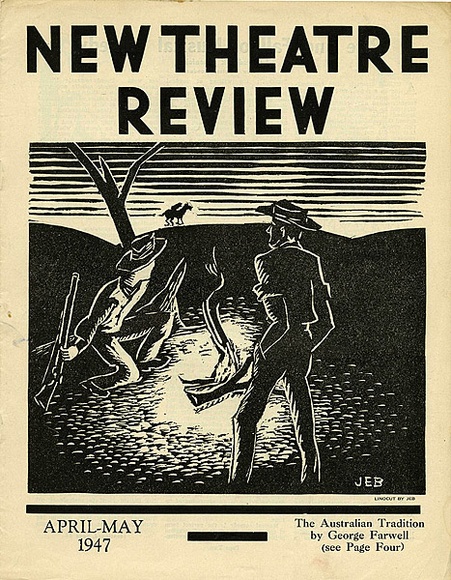Title: b'New theatre review: April-May 1947' | Date: March 1947 | Technique: b'linocut, printed in black ink, from one block; letterpress text' Title: b'New theatre review: April-May 1947' | Date: March 1947 | Technique: b'linocut, printed in black ink, from one block; letterpress text'