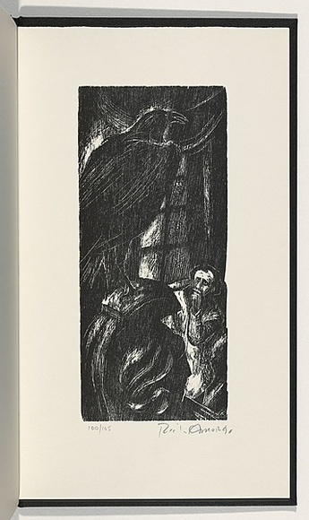 Artist: b'AMOR, Rick' | Title: b'Not titled (man cowering before raven).' | Date: 1990 | Technique: b'woodcut, printed in black ink, from one block' Artist: b'AMOR, Rick' | Title: b'Not titled (man cowering before raven).' | Date: 1990 | Technique: b'woodcut, printed in black ink, from one block'