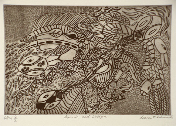 Artist: b'Edwards, Leann Jean.' | Title: b'Animals and design' | Date: 1999, May | Technique: b'etching, printed in black ink, from one plate' | Copyright: b'\xc2\xa9 Leann Jean Edwards. Licensed by VISCOPY, Australia' Artist: b'Edwards, Leann Jean.' | Title: b'Animals and design' | Date: 1999, May | Technique: b'etching, printed in black ink, from one plate' | Copyright: b'\xc2\xa9 Leann Jean Edwards. Licensed by VISCOPY, Australia'