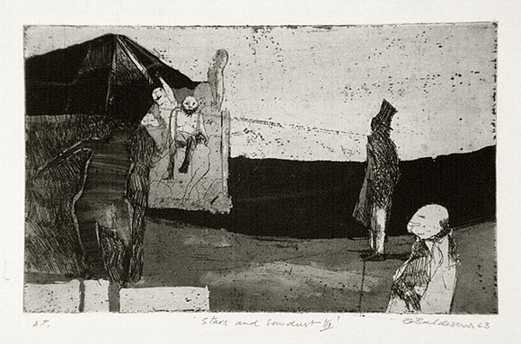 Artist: b'BALDESSIN, George' | Title: b'Stars and sawdust III.' | Date: 1963 | Technique: b'etching and aquatint, printed in black ink, from one plate' Artist: b'BALDESSIN, George' | Title: b'Stars and sawdust III.' | Date: 1963 | Technique: b'etching and aquatint, printed in black ink, from one plate'