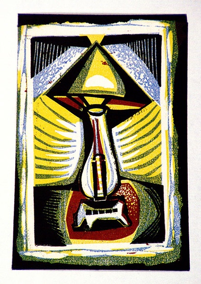 Artist: b'Barwell, Geoff.' | Title: b'(The lamp).' | Date: (1955) | Technique: b'linocut, printed in colour, from four blocks' Artist: b'Barwell, Geoff.' | Title: b'(The lamp).' | Date: (1955) | Technique: b'linocut, printed in colour, from four blocks'