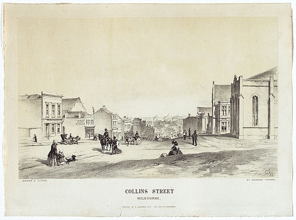 Artist: b'Thomas, Edmund.' | Title: b'Collins Street.' | Date: 1853 | Technique: b'chalk-lithograph, printed in colour, from two stones' Artist: b'Thomas, Edmund.' | Title: b'Collins Street.' | Date: 1853 | Technique: b'chalk-lithograph, printed in colour, from two stones'