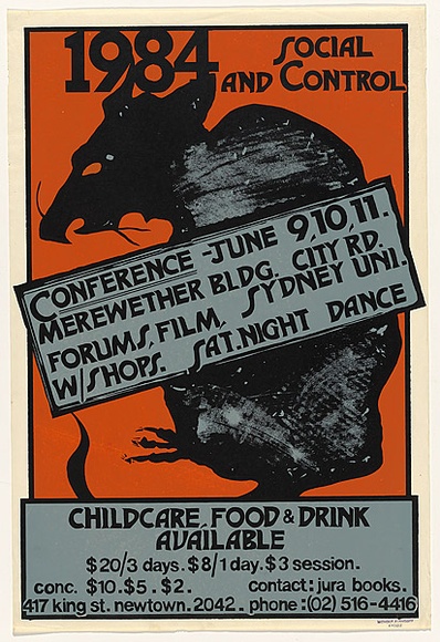 Artist: b'Horniman, Joanne.' | Title: b'Rat. 1984 Social Control Conference' | Date: 1984 | Technique: b'screenprint, printed in colour, from three ulano hand-cut stencils' | Copyright: b'Courtesy of the artist' Artist: b'Horniman, Joanne.' | Title: b'Rat. 1984 Social Control Conference' | Date: 1984 | Technique: b'screenprint, printed in colour, from three ulano hand-cut stencils' | Copyright: b'Courtesy of the artist'