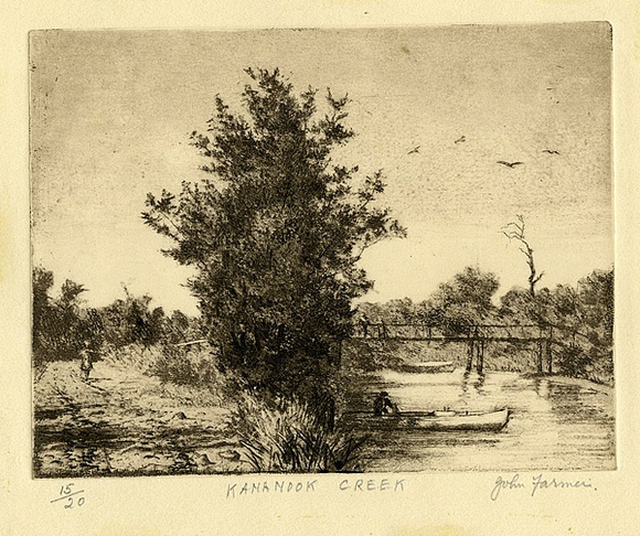 Artist: b'Farmer, John.' | Title: b'Kananook Creek.' | Date: 1962 | Technique: b'etching, softground-etching, printed in brown ink with plate-tone, from one plate' Artist: b'Farmer, John.' | Title: b'Kananook Creek.' | Date: 1962 | Technique: b'etching, softground-etching, printed in brown ink with plate-tone, from one plate'