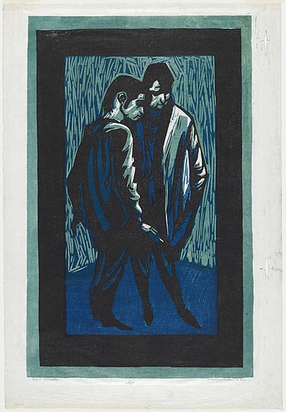 Artist: b'Counihan, Noel.' | Title: b'Two youths.' | Date: 1962 | Technique: b'linocut, printed in colour, from three blocks in black, green and blue ink' Artist: b'Counihan, Noel.' | Title: b'Two youths.' | Date: 1962 | Technique: b'linocut, printed in colour, from three blocks in black, green and blue ink'