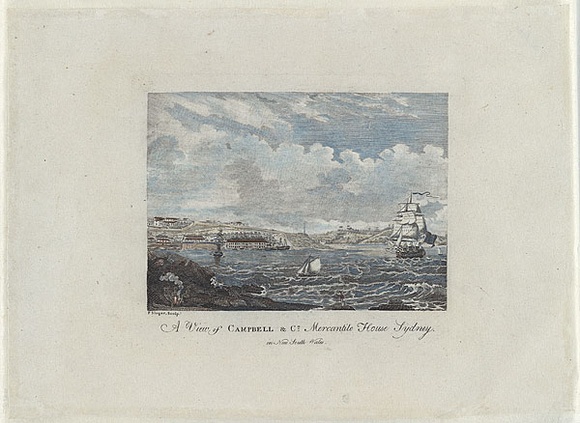Title: b'A view of Campbell and Co. Mercantile House, Sydney in New South Wales.' | Date: c.1810 | Technique: b'engraving, printed in black ink, from one copper plate; hand-coloured' Title: b'A view of Campbell and Co. Mercantile House, Sydney in New South Wales.' | Date: c.1810 | Technique: b'engraving, printed in black ink, from one copper plate; hand-coloured'