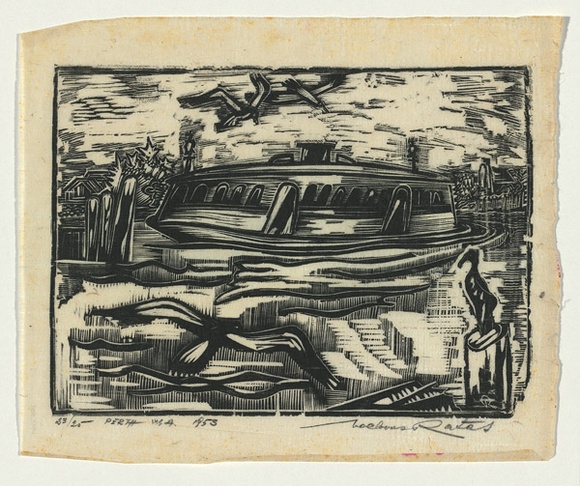 Artist: b'Ratas, Vaclovas.' | Title: b'Ferry boat' | Date: 1953 | Technique: b'wood-engraving, printed in black ink, from one block' Artist: b'Ratas, Vaclovas.' | Title: b'Ferry boat' | Date: 1953 | Technique: b'wood-engraving, printed in black ink, from one block'