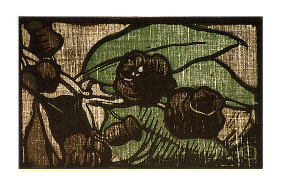 Artist: b'OGILVIE, Helen' | Title: b'Greeting card: Gumnuts' | Date: (1936) | Technique: b'linocut, printed in colour, from three blocks' Artist: b'OGILVIE, Helen' | Title: b'Greeting card: Gumnuts' | Date: (1936) | Technique: b'linocut, printed in colour, from three blocks'