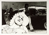 Artist: SHOMALY, Alberr | Title: (Alberr in foreground - 3 figures & car) | Date: 1973 | Technique: photo-etching and etching, printed in black ink, from one plate