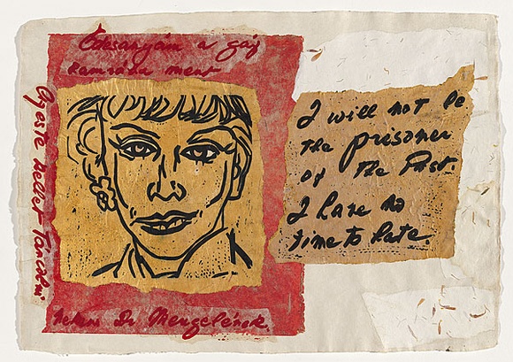 Artist: b'KOGAN, Danial' | Title: b'Childproof [page 9]' | Date: 1993 | Technique: b'linocut, printed in red and black ink, from two blocks; additional handcolouring' | Copyright: b'\xc2\xa9 Danial Lalor Kogan'