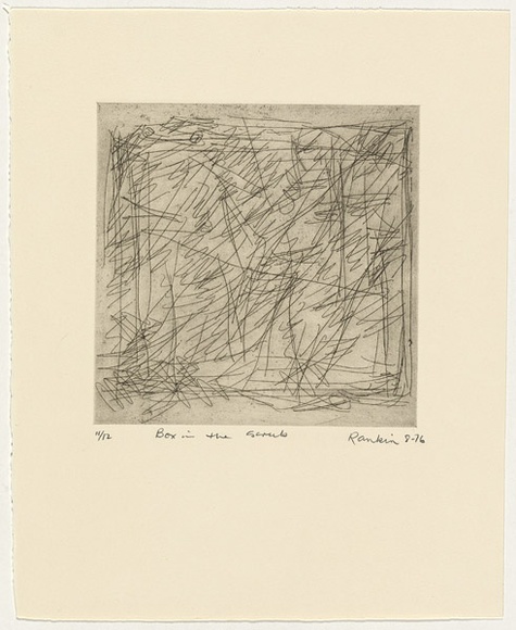 Artist: b'Rankin, David.' | Title: b'Box in the scrub.' | Date: 1976, August | Technique: b'drypoint, printed in black ink, from one plate' Artist: b'Rankin, David.' | Title: b'Box in the scrub.' | Date: 1976, August | Technique: b'drypoint, printed in black ink, from one plate'