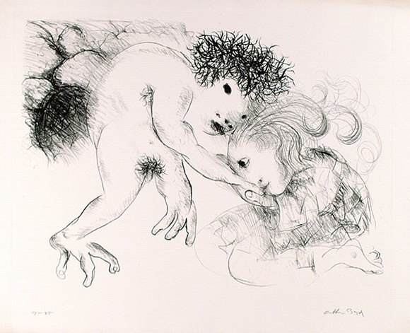 Artist: b'BOYD, Arthur' | Title: b'St Francis kissing the hand of a leper.' | Date: (1965) | Technique: b'lithograph, printed in black ink, from one plate' | Copyright: b'Reproduced with permission of Bundanon Trust' Artist: b'BOYD, Arthur' | Title: b'St Francis kissing the hand of a leper.' | Date: (1965) | Technique: b'lithograph, printed in black ink, from one plate' | Copyright: b'Reproduced with permission of Bundanon Trust'
