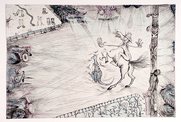 Artist: b'COLEING, Tony' | Title: b'Helping my Koala across the road.' | Date: 1986 | Technique: b'etching and aquatint, printed in colour, from multiple plates'