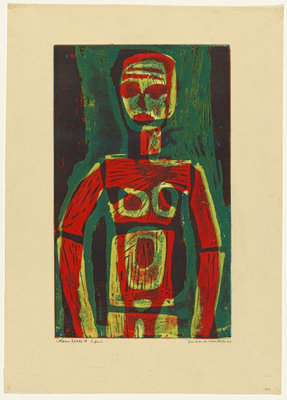 Artist: b'HANRAHAN, Barbara' | Title: b'Figure' | Date: 1964 | Technique: b'etching, printed in colour from three  plates'