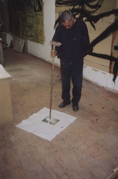 Artist: b'LOANE, John' | Title: b'Mike Parr working plate with broom handle at Viridian Press, Olinda, Victoria.' Artist: b'LOANE, John' | Title: b'Mike Parr working plate with broom handle at Viridian Press, Olinda, Victoria.'