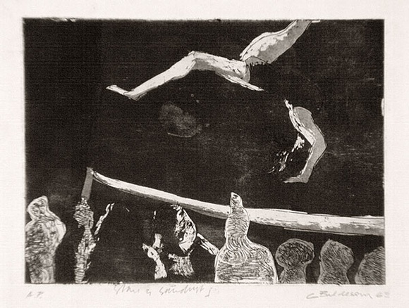 Artist: b'BALDESSIN, George' | Title: b'Stars and sawdust I.' | Date: 1963 | Technique: b'etching and aquatint, printed in black ink, from one plate' Artist: b'BALDESSIN, George' | Title: b'Stars and sawdust I.' | Date: 1963 | Technique: b'etching and aquatint, printed in black ink, from one plate'