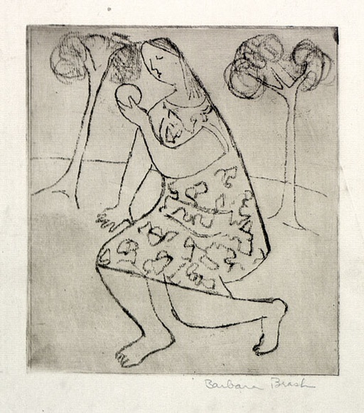 Artist: b'Brash, Barbara.' | Title: b'(Kneeling woman with fruit).' | Date: 1950s | Technique: b'softground etching, printed in brown ink with plate-tone, from one plate' Artist: b'Brash, Barbara.' | Title: b'(Kneeling woman with fruit).' | Date: 1950s | Technique: b'softground etching, printed in brown ink with plate-tone, from one plate'