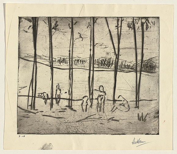 Title: not titled [five figures between tree trunks] | Date: c.1966 | Technique: etching, drypoint and foul-biting, printed in black ink with plate-tone, from one plate