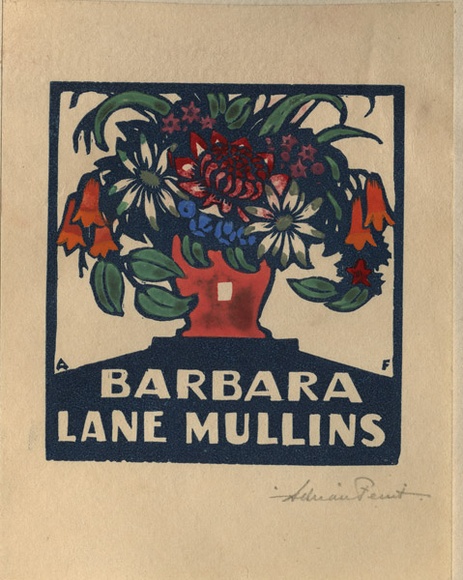 Artist: b'FEINT, Adrian' | Title: b'Bookplate: Barbara Lane Mullins.' | Date: (1927) | Technique: b'wood-engraving, printed in dark blue ink, from one block; hand-coloured' | Copyright: b'Courtesy the Estate of Adrian Feint' Artist: b'FEINT, Adrian' | Title: b'Bookplate: Barbara Lane Mullins.' | Date: (1927) | Technique: b'wood-engraving, printed in dark blue ink, from one block; hand-coloured' | Copyright: b'Courtesy the Estate of Adrian Feint'
