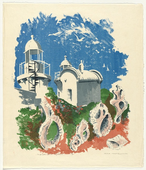 Artist: b'Thorpe, Lesbia.' | Title: b'Inspiration for a lighthouse' | Date: 1980 | Technique: b'screenprint, printed in colour, from five stencils' Artist: b'Thorpe, Lesbia.' | Title: b'Inspiration for a lighthouse' | Date: 1980 | Technique: b'screenprint, printed in colour, from five stencils'