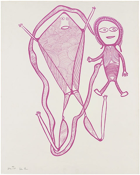 Artist: b'Man, John.' | Title: b'Man bitten by snake.' | Date: c.1975 | Technique: b'screenprint, printed in pink ink, from one stencil' Artist: b'Man, John.' | Title: b'Man bitten by snake.' | Date: c.1975 | Technique: b'screenprint, printed in pink ink, from one stencil'