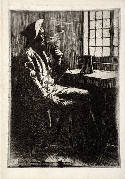 Artist: b'LINDSAY, Lionel' | Title: b'The smoker.' | Date: 1896 | Technique: b'etching, printed in black ink, from one copper plate' | Copyright: b'Courtesy of the National Library of Australia' Artist: b'LINDSAY, Lionel' | Title: b'The smoker.' | Date: 1896 | Technique: b'etching, printed in black ink, from one copper plate' | Copyright: b'Courtesy of the National Library of Australia'