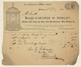 Title: b'Bill head for George W. Rowley, metalic bird cage and meat safe manufacturer, wire worker' | Date: 1880s | Technique: b'engraving, printed in black ink, from one plate; letterpress'