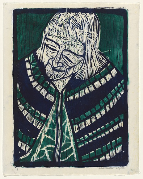 Artist: b'HANRAHAN, Barbara' | Title: b'Old woman with a shawl' | Date: 1962 | Technique: b'woodcut, printed in colour, from two blocks' Artist: b'HANRAHAN, Barbara' | Title: b'Old woman with a shawl' | Date: 1962 | Technique: b'woodcut, printed in colour, from two blocks'