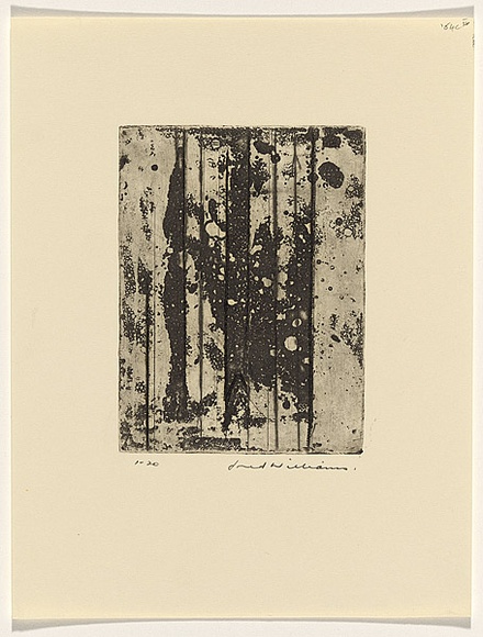Artist: b'WILLIAMS, Fred' | Title: b'Landscape panel. Number 6' | Date: 1962 | Technique: b'aquatint, drypoint and engraving, printed in black ink, from one copper plate' | Copyright: b'\xc2\xa9 Fred Williams Estate' Artist: b'WILLIAMS, Fred' | Title: b'Landscape panel. Number 6' | Date: 1962 | Technique: b'aquatint, drypoint and engraving, printed in black ink, from one copper plate' | Copyright: b'\xc2\xa9 Fred Williams Estate'