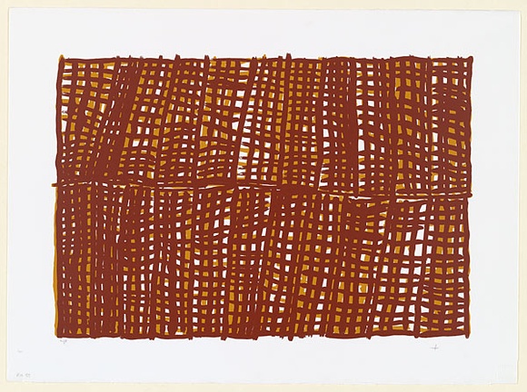 Artist: b'RED HAND PRINT' | Title: b'Basket weave motif - red ochre over yellow ochre' | Date: 1998, 23 July | Technique: b'screenprint, printed in colour, from two stencils' Artist: b'RED HAND PRINT' | Title: b'Basket weave motif - red ochre over yellow ochre' | Date: 1998, 23 July | Technique: b'screenprint, printed in colour, from two stencils'