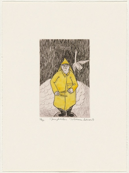 Artist: b'Robinson, William.' | Title: b'Goose feathers' | Date: 1991 | Technique: b'etching, printed in brown ink, from one plate; hand-coloured' Artist: b'Robinson, William.' | Title: b'Goose feathers' | Date: 1991 | Technique: b'etching, printed in brown ink, from one plate; hand-coloured'