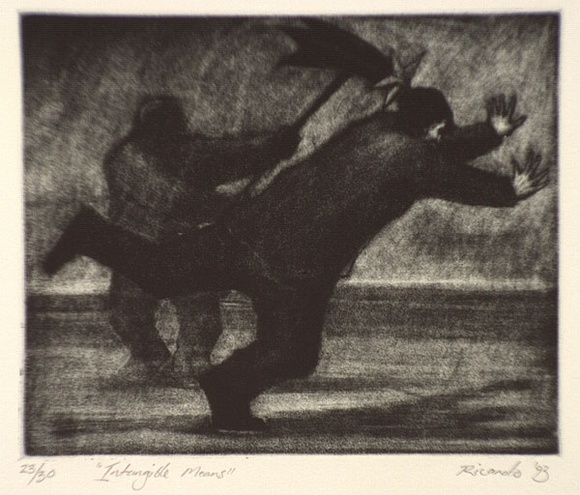 Artist: b'Ricardo, Geoff.' | Title: b'Intangible means' | Date: 1993 | Technique: b'burnished-aquatint, printed in black ink from one plate' Artist: b'Ricardo, Geoff.' | Title: b'Intangible means' | Date: 1993 | Technique: b'burnished-aquatint, printed in black ink from one plate'