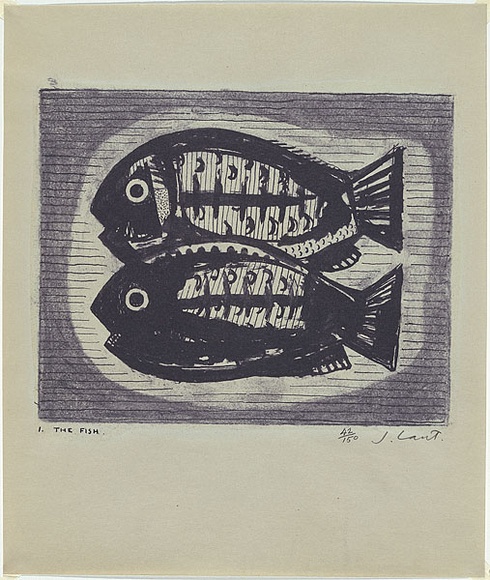Artist: b'Cant, James.' | Title: b'The fish.' | Date: 1948 | Technique: b'cliche-verre, printed in blue pigment, from one paper plate' Artist: b'Cant, James.' | Title: b'The fish.' | Date: 1948 | Technique: b'cliche-verre, printed in blue pigment, from one paper plate'