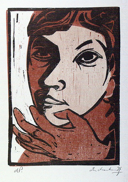 Artist: b'Armstrong, Ian.' | Title: b'(Portrait).' | Date: 1976 | Technique: b'woodcut, printed in colour, from three blocks' Artist: b'Armstrong, Ian.' | Title: b'(Portrait).' | Date: 1976 | Technique: b'woodcut, printed in colour, from three blocks'