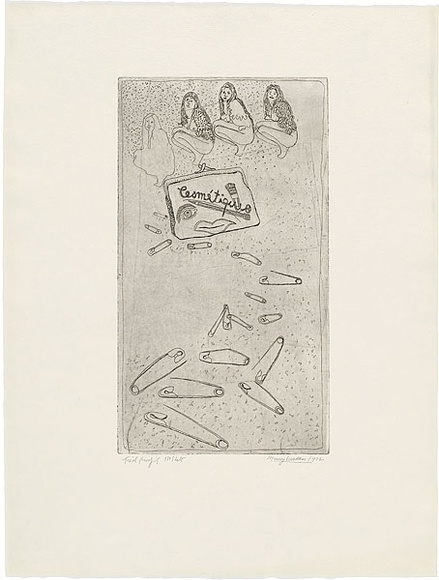 Artist: b'WALKER, Murray' | Title: b'Mary Anne, cosmetiques and pins.' | Date: 1972 | Technique: b'etching, printed in black ink, from one plate' Artist: b'WALKER, Murray' | Title: b'Mary Anne, cosmetiques and pins.' | Date: 1972 | Technique: b'etching, printed in black ink, from one plate'