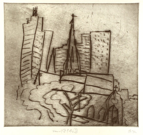 Artist: b'Furlonger, Joe.' | Title: b'View of St. Pats 7 (dark plate)' | Date: 1992 | Technique: b'etching, printed in black ink with plate-tone, from one plate' Artist: b'Furlonger, Joe.' | Title: b'View of St. Pats 7 (dark plate)' | Date: 1992 | Technique: b'etching, printed in black ink with plate-tone, from one plate'