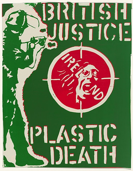 Artist: b'Friedman, Brook.' | Title: b'British justice. Ireland. Plastic death.' | Date: 1980 | Technique: b'screenprint, printed in colour, from two stencils' Artist: b'Friedman, Brook.' | Title: b'British justice. Ireland. Plastic death.' | Date: 1980 | Technique: b'screenprint, printed in colour, from two stencils'
