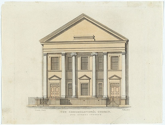 Title: b'The Congregational Church, Pitt Street Sydney.' | Date: 1848 | Technique: b'engraving, printed in black ink, from one plate; hand-coloured' Title: b'The Congregational Church, Pitt Street Sydney.' | Date: 1848 | Technique: b'engraving, printed in black ink, from one plate; hand-coloured'