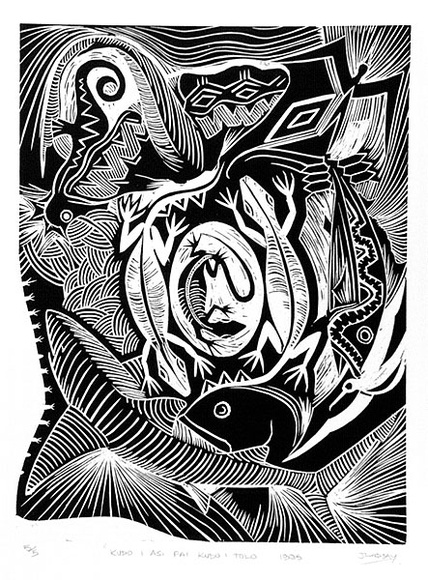 Artist: b'Lindsay (Sale), Joe.' | Title: b'Kudo i asi fai Kudo i tolo' | Date: 1995 | Technique: b'woodcut, printed in black ink, from one block' Artist: b'Lindsay (Sale), Joe.' | Title: b'Kudo i asi fai Kudo i tolo' | Date: 1995 | Technique: b'woodcut, printed in black ink, from one block'