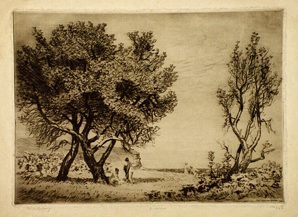 Artist: LINDSAY, Lionel | Title: Bilgola | Date: 1921 | Technique: drypoint, printed in brown ink with plate-tone, from one plate | Copyright: Courtesy of the National Library of Australia Artist: LINDSAY, Lionel | Title: Bilgola | Date: 1921 | Technique: drypoint, printed in brown ink with plate-tone, from one plate | Copyright: Courtesy of the National Library of Australia