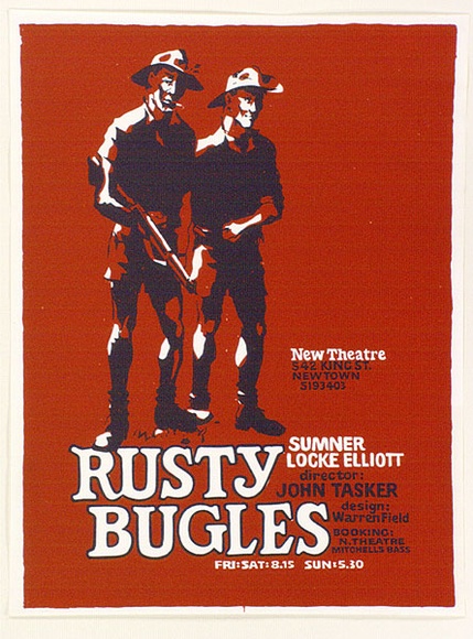 Artist: b'Shaw, Rod.' | Title: b'Rusty bugles, Sumner Locke Elliott ... New Theatre, Newtown' | Date: 1979 | Technique: b'screenprint, printed in colour, from multiple stencils' Artist: b'Shaw, Rod.' | Title: b'Rusty bugles, Sumner Locke Elliott ... New Theatre, Newtown' | Date: 1979 | Technique: b'screenprint, printed in colour, from multiple stencils'