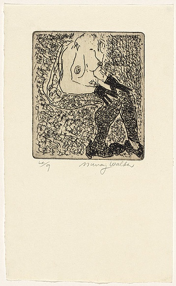 Artist: b'WALKER, Murray' | Title: b'(Seated female nude with gloves, stockings, shoes)' | Technique: b'etching, printed in black ink, from one plate' Artist: b'WALKER, Murray' | Title: b'(Seated female nude with gloves, stockings, shoes)' | Technique: b'etching, printed in black ink, from one plate'